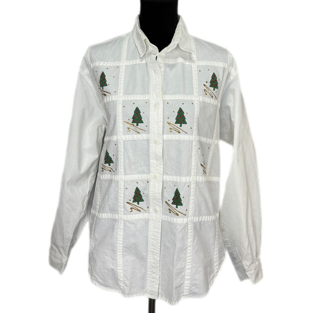 Vintage Christmas Tree Glitter Paint Button Up Shirt - Women's Size L
